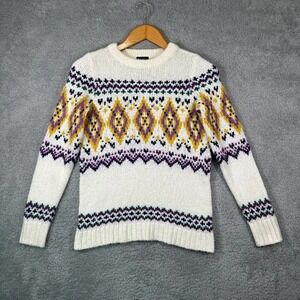 Talbots Womens Fair Isle Sweater Small Ivory Purple Yellow Wool Blend Pullover